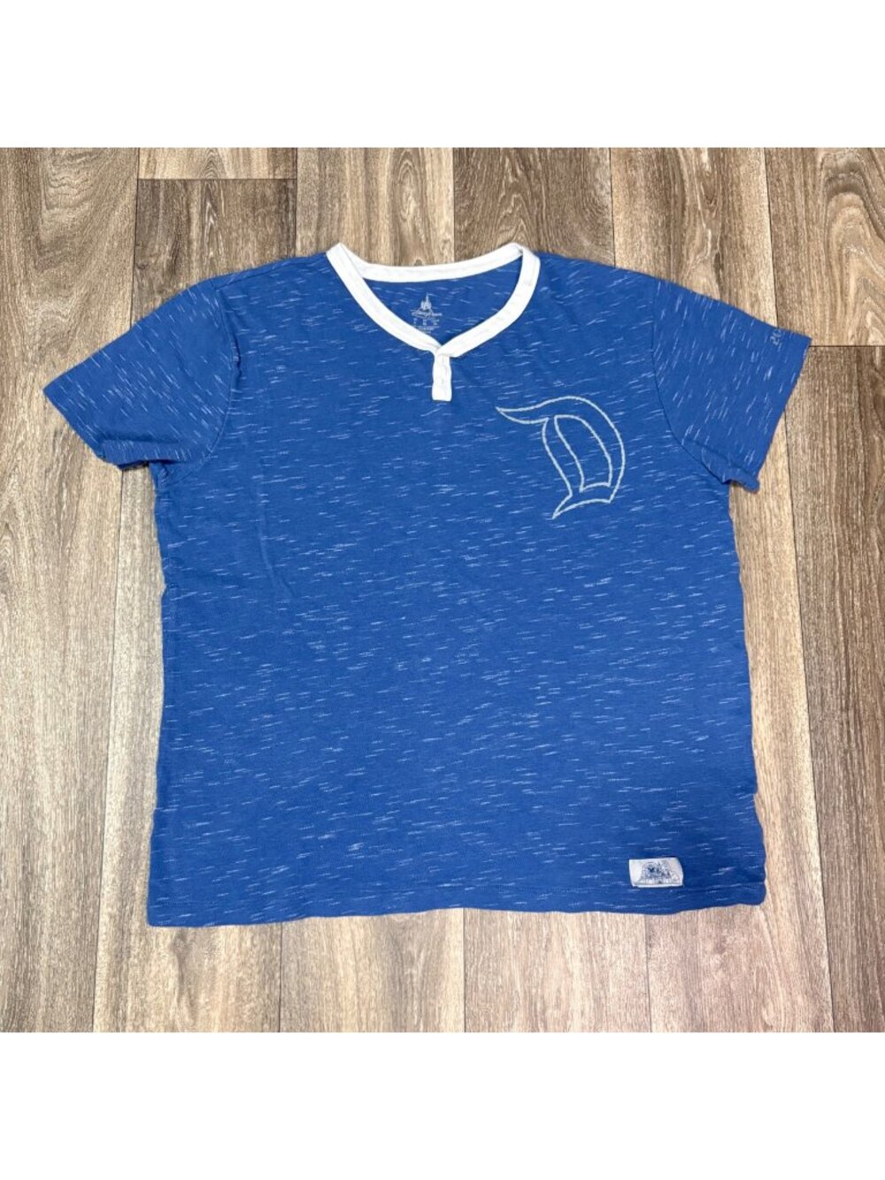 Disney Parks Blue Heathered Mens Henley Shirt L Trim & D Logo